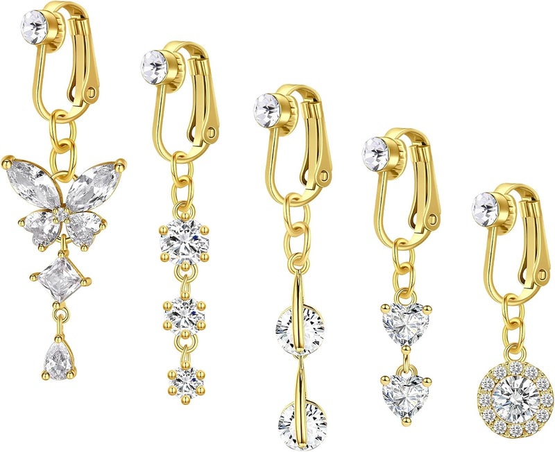 Incaton Fake Belly Button Ring Clip-On for Women - CZ Dangle Heart Non-Piercing Jewelry - Gold - Image 1
